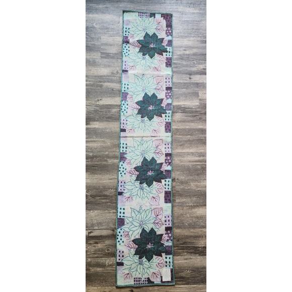 Table Runner Christmas Pointsettia Red White Green Holiday Decor 13"W x 66"L - Picture 5 of 6